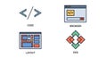 Web development and graphic design icons representing code browser window layout structure and svg file format for programming and Royalty Free Stock Photo