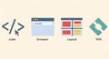 Web development icons including code browser layout and svg file formats for software engineering website design and digital Royalty Free Stock Photo