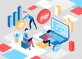 Web development isometric concept, 3d developer people work Royalty Free Stock Photo