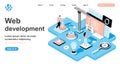 Web development isometric concept. Developers building website, writing code, testing, customize and optimize page, line flat Royalty Free Stock Photo