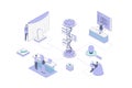 Web development isometric concept in outline isometry design for web. People prototyping website inner structure and coding, Royalty Free Stock Photo
