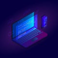 Web development Programming and coding sites in isometric design. Html, java, php, sql, css. Concept with laptop and smartphone Royalty Free Stock Photo