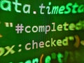Web development javascript HTML5 code close up. Information technology website coding standards for web design Desktop PC monitor