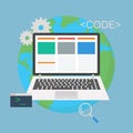 Web development. Laptop programming concept with console earth