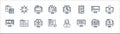Web development line icons. linear set. quality vector line set such as bug, html, testing, video, coding, domain, search,