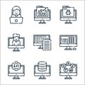 Web development line icons. linear set. quality vector line set such as content, database, api, computer, backend, user, bug, Royalty Free Stock Photo