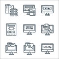 web development line icons. linear set. quality vector line set such as website, map, domain, seo, binary, portfolio, html, report Royalty Free Stock Photo