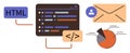 Web Development Overview with Code, Email, HTML Elements, and Data Visualization Royalty Free Stock Photo