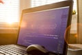 Web development phrase ASCII art inside HTML code. Web developer workplace in sunset lights