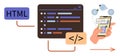 Web Development Process Depicting Coding, HTML, and Message Transmission to Mobile Devices Royalty Free Stock Photo