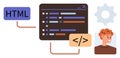 Web Development Process Featuring Code Editor, HTML Tag, and Developer with Gear Symbol Royalty Free Stock Photo