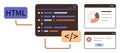 Web Development Process with HTML, Code Editor, and Data Windows Royalty Free Stock Photo