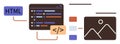 Web Development Process with HTML Coding, UI Elements, and Image Integration Royalty Free Stock Photo