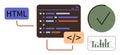 Web Development and Data Analysis Concept with Code, HTML Tag, and Analytics Icon Royalty Free Stock Photo