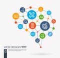 Web development, seo, website creating, app design integrated business vector icons. Digital mesh smart brain idea