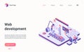 Web development technology isometric landing page, developer coder team of people working