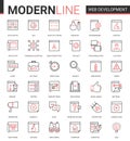 Web development thin red black line icon vector illustration set, developing symbols collection of optimization for