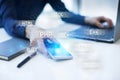Web development tools concept on virtual screen. Programming language and scripts. PHP, SQL, HTML, Java and others. Royalty Free Stock Photo