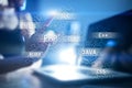 Web development tools concept on virtual screen. Programming language and scripts. PHP, SQL, HTML, Java and others. Royalty Free Stock Photo