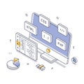 Web development tools and elements in a digital workspace environment isometric line art
