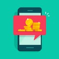 Web digital money receiving notice on mobile cell phone isolated vector flat cartoon object, internet electronic coins