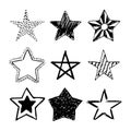 Doodle stars. Set of nine black hand drawn stars