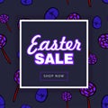 Easter eggs sale square banner. Easter frame with painted eggs, sweets that are scattered around the background, purple colors, Royalty Free Stock Photo