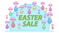 Easter sale offer. Easter eggs fly parachutes at a discount. Colored eggs with numbers, isolated on white background.Cartoon style