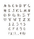 The English alphabet is hand-drawn. Letters, numbers and doodles signs set. Black and white vector graphics. Royalty Free Stock Photo