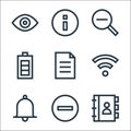 web essentials line icons. linear set. quality vector line set such as adress book, minus, alarm, wifi, file, battery, zoom out,