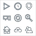 Web essentials line icons. linear set. quality vector line set such as business people, cloud upload, home, zoom in, settings, Royalty Free Stock Photo