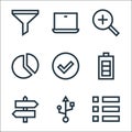 Web essentials line icons. linear set. quality vector line set such as menu, usb, direction, battery, pie chart, zoom in, laptop
