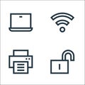 Web essentials line icons. linear set. quality vector line set such as unlock, printer, wifi