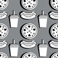 Fast food seamless pattern. silhouette pizza, hot dog, drink glass.