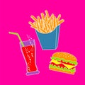 Fast food set. French fries, soda, hot dog, hamburger and coffee. Royalty Free Stock Photo