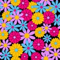 Flowers - seamless pattern. Simple multi-colored flower buds on a black background.
