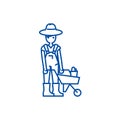 Gardener man with wheelbarrow line icon concept. Gardener man with wheelbarrow flat vector symbol, sign, outline