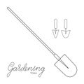 Gardening tools set of spade and trowels with lettering outline simple minimalistic flat design vector illustration