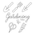 Gardening tools set of trowels, hand fork scissors and pruners with lettering outline simple minimalistic flat design vector illus