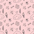 Girly doodle pattern with diamonds, hearts, rings, cakes, sweets, clouds.