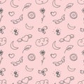 Girly doodle pattern with diamonds, hearts, rings, cakes, sweets, clouds.