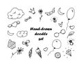 Girly doodle set with diamonds, hearts, crowns, rings, cakes, sweets, clouds.