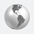 Globe of Earth with borders of all countries and Stated of Brazil and USA. 3d icon Globe in gray on transparent background. Royalty Free Stock Photo