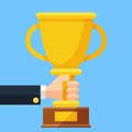 Golden cup in the hand. Business trophy award flat vector cartoon illustration