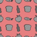 Groceries bread, beer, fish, apple seamless pattern on a pink background.