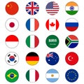 Group of Twenty 20 or G20 Flag Icon Set Vector Circle push buttons for global political cooperation and diplomacy.