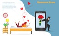 Hacker online chatting with woman and sending rose flowers on smartphone screen. Idea for romance or dating scam, digital online