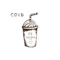 Hand drawn vintage cold coffee with a straw. Vector illustration.