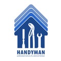 Handyman concept in blue. Professional services of a universal foreman. Silhouette of home