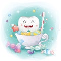 Happy teeth cute cartoon with candy .toothbrush for oral dental hygiene Royalty Free Stock Photo